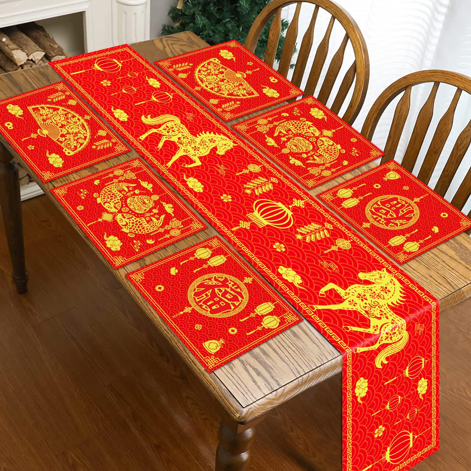 Photo 1 of 7Pcs Chinese New Year Decorations 2026 Chinese New Year Placemats and Table Runner Spring Festival Dining Placemats Decorations Red Gold Horse Table Runner Party Decor for Home Kitchen