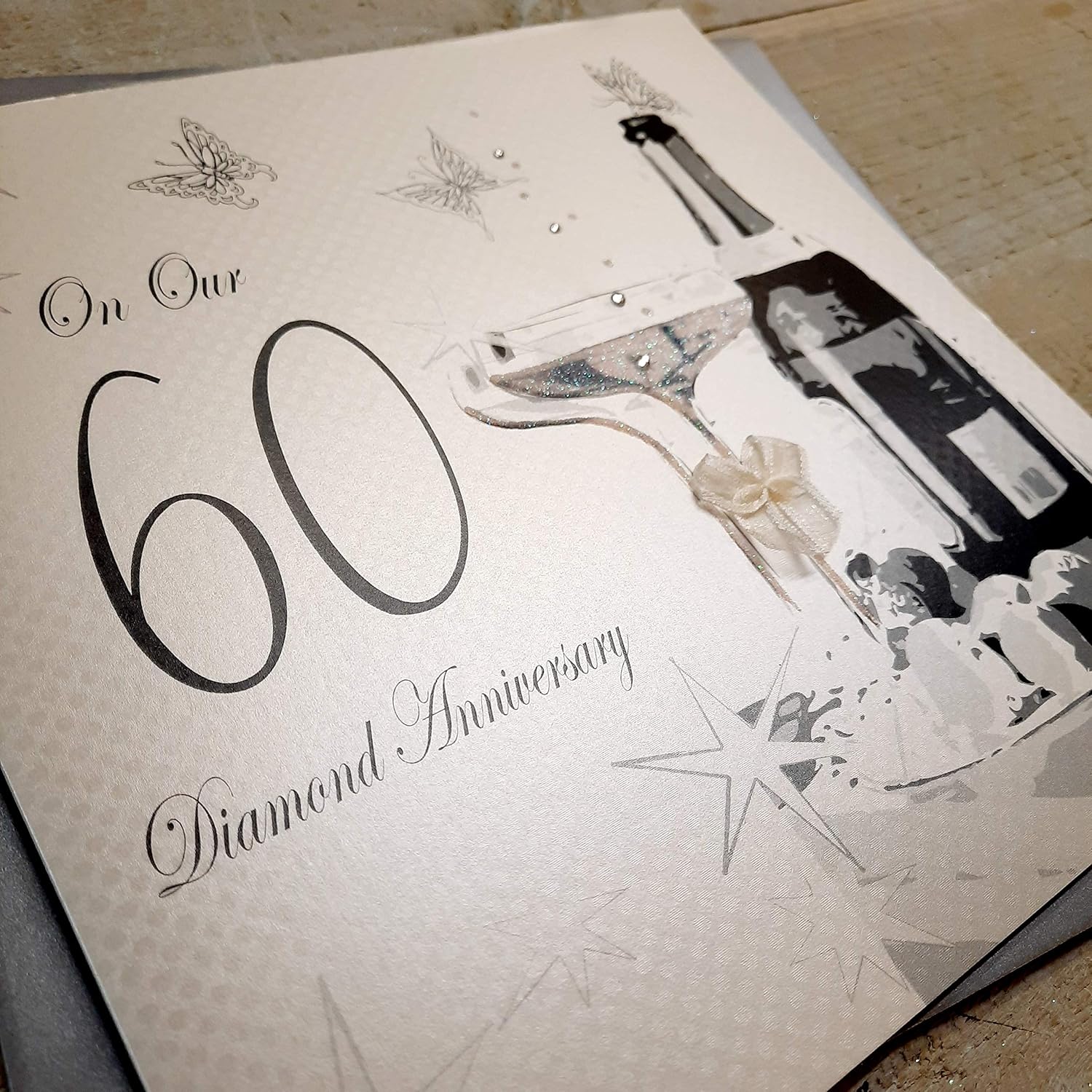 white cotton cards On Our Diamond Wedding, Large Handmade 60th Anniversary Card (Champagne & Chocolates), 22cm x 22cm - Image 4