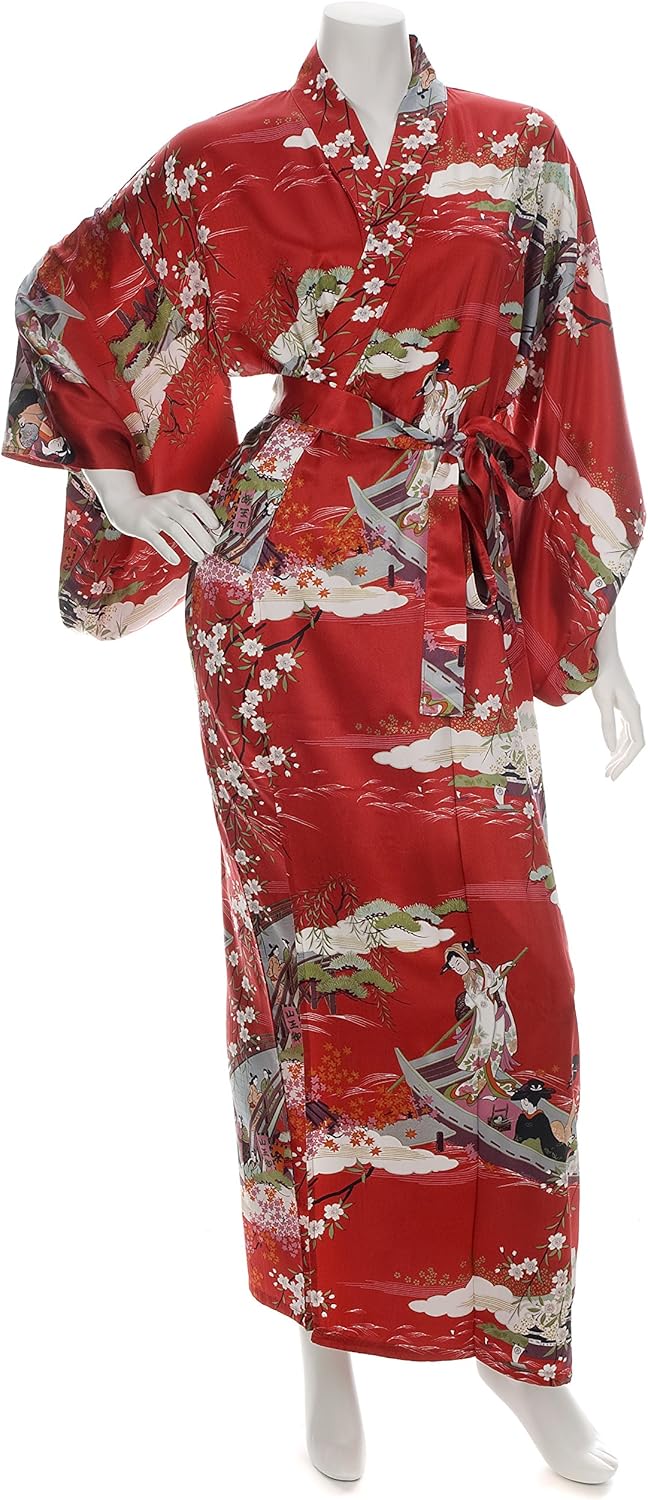 Silk Ukiyoe Print Long Red Japanese Kimono XL at Amazon Women’s