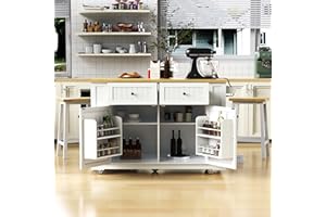Siemd Large Kitchen Island with 2 Bar Stools and Drop Leaf & Internal Storage Rack, Rolling Kitchen Storage Cart on 5 Wheels 