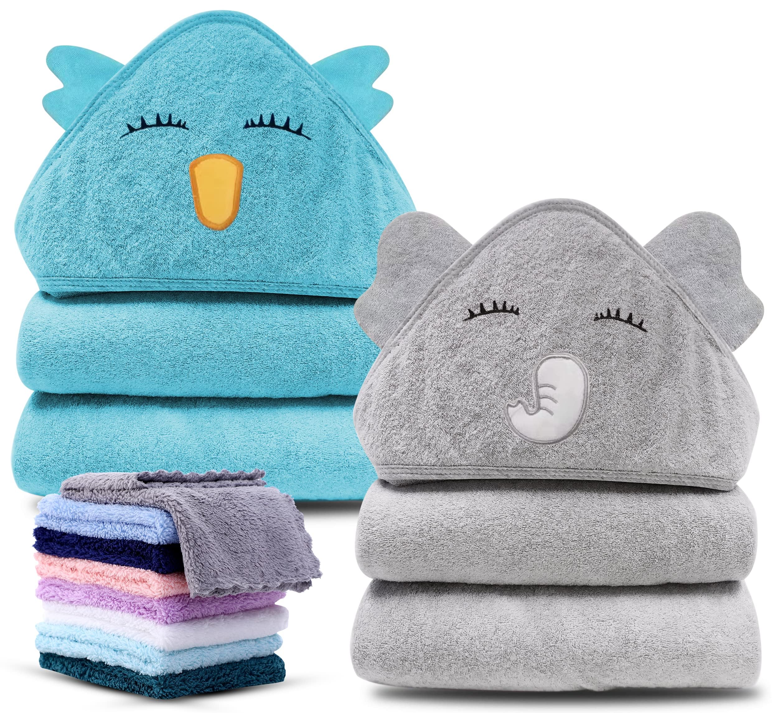 Photo 1 of Cute Castle 2 Pack Hooded Baby Towel Rayon Made from Bamboo and 8 Washcloths - Lovely Elephant, Happy Bird