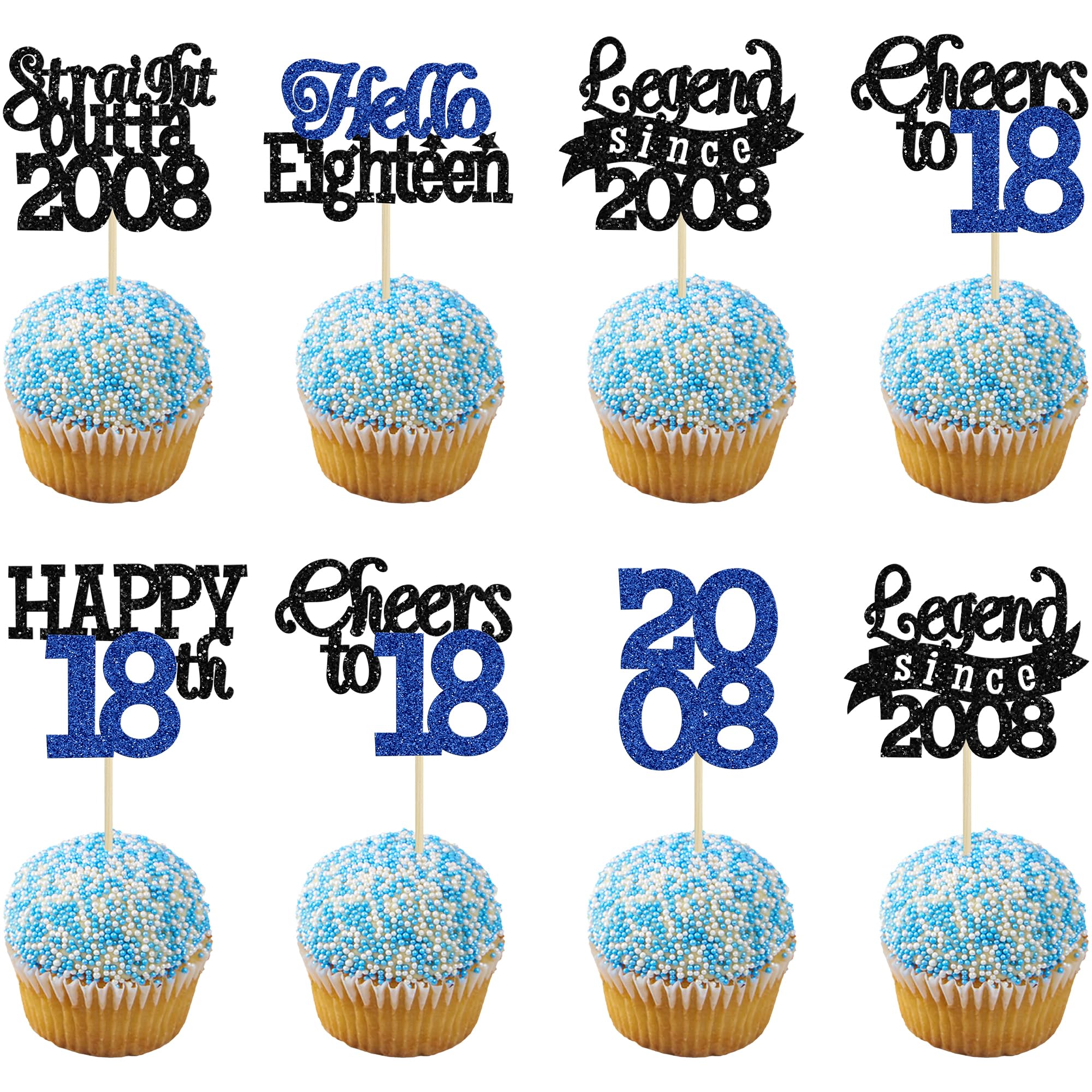 Gyufise 24Pcs Happy 18th Birthday Cupcake Toppers Hello Eighteen Legend Since 2008 Cupcake Picks Cheers to 18 Years Cake Decorations for 18th Birthday Anniversary Party Supplies Black Blue