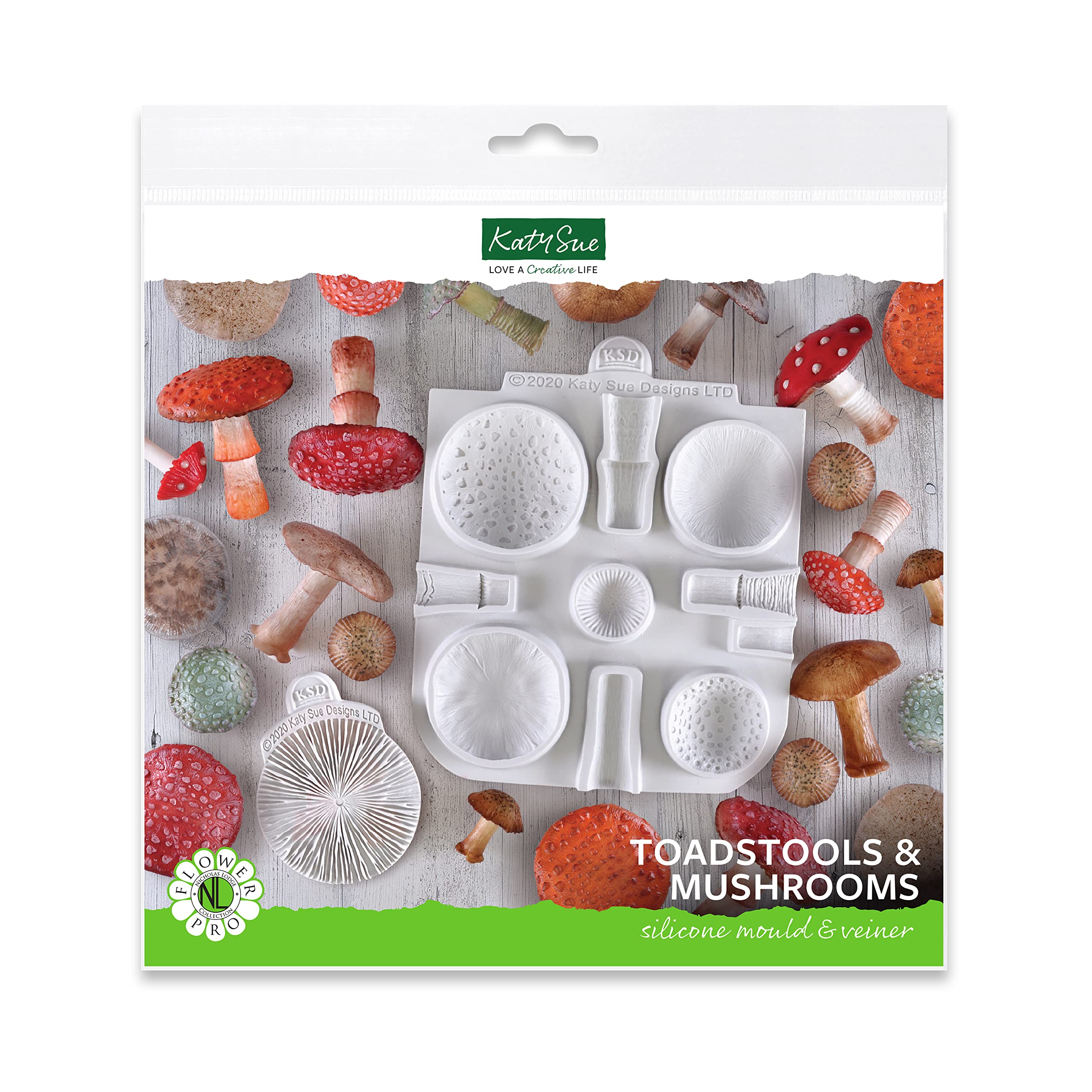 Flower Pro Toadstools & Mushrooms Silicone Mould & Veiner Set for Cake Decorating & Crafts by Katy Sue Moulds. Make 5 Sizes & Styles of Toadstool & Mushroom (Caps, Stems & Gills Texture)