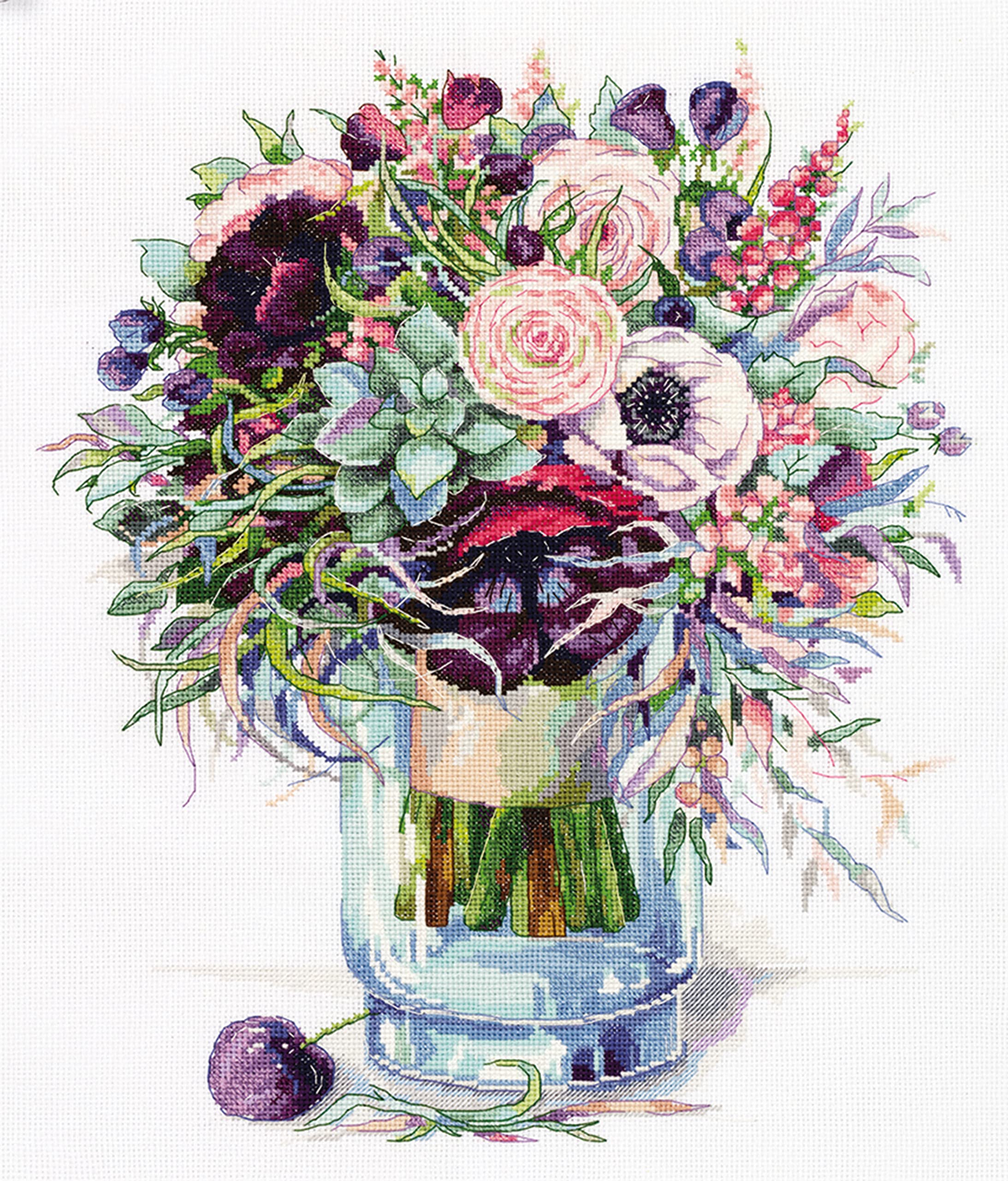 PANNA - Counted Cross Stitch Kit - Bouquet with Anemones - C-7159 - Canvas Kit - Aida Fabric - 37.5 x 31 cm - DIY Kit