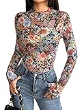 Zeagoo Mesh Long Sleeve Tops for Women Floral Sheer
