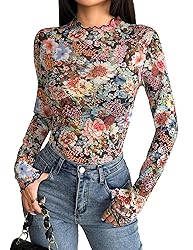 Zeagoo Floral Mesh Long Sleeve Tops for Women Sheer