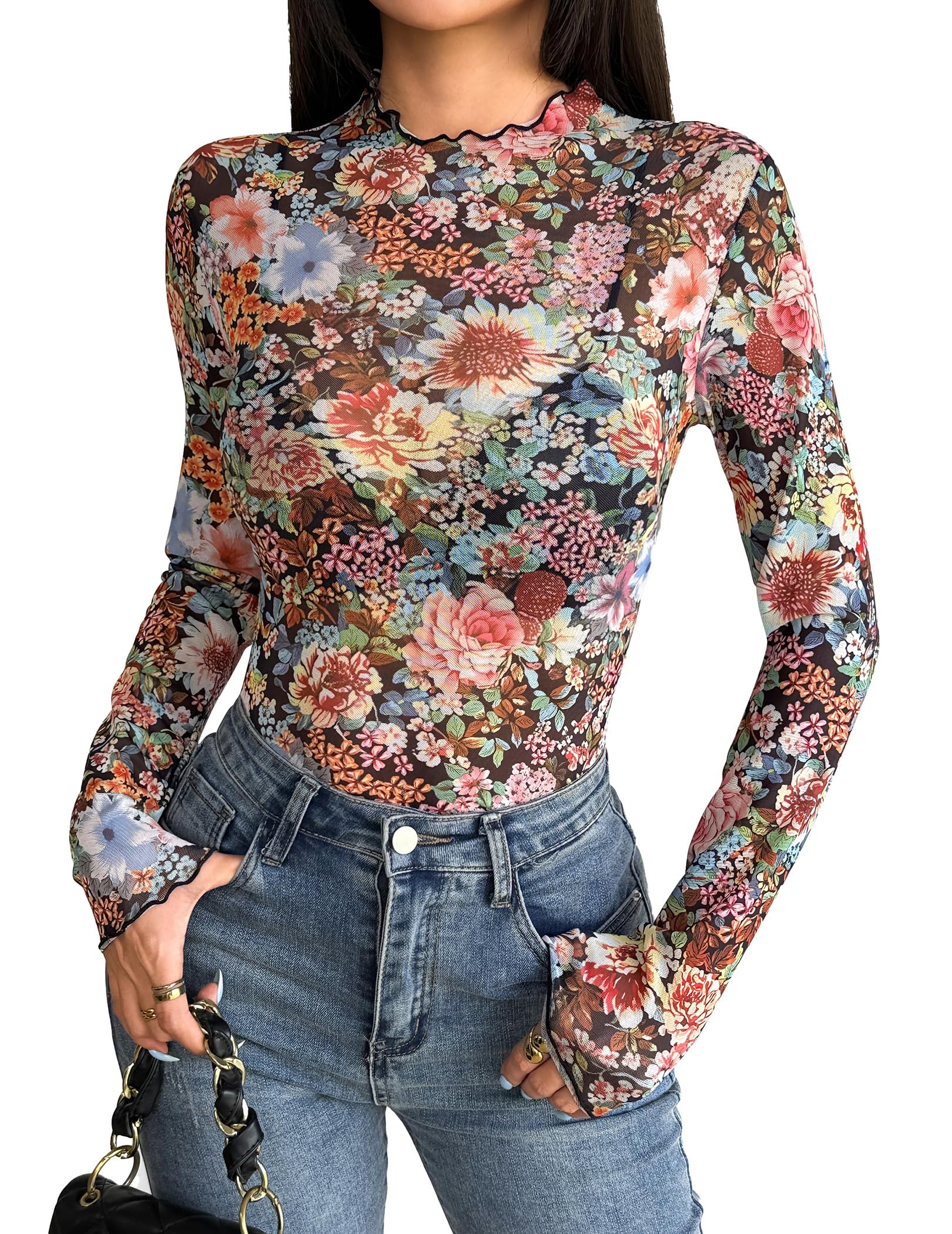 Zeagoo Floral Mesh Long Sleeve Tops for Women Sheer