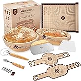 Banneton Bread Proofing Basket Set with Sourdough Bread Baking Supplies, A Complete Sourdough Starter Kit with Bread Lame, Danish Whish, Bowl & Dough Scraper, 2 Bread Slings, and Baking Mat