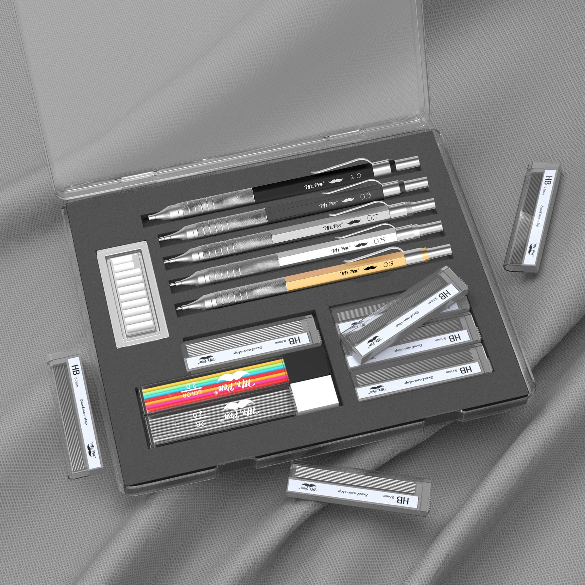 Mr. Pen Metal Mechanical Pencil Set with Leads and Eraser Refills, 5 Sizes - 0.3, 0.5, 0.7, 0.9 and 2 Millimeters, Sketching/ Drafting Pencil