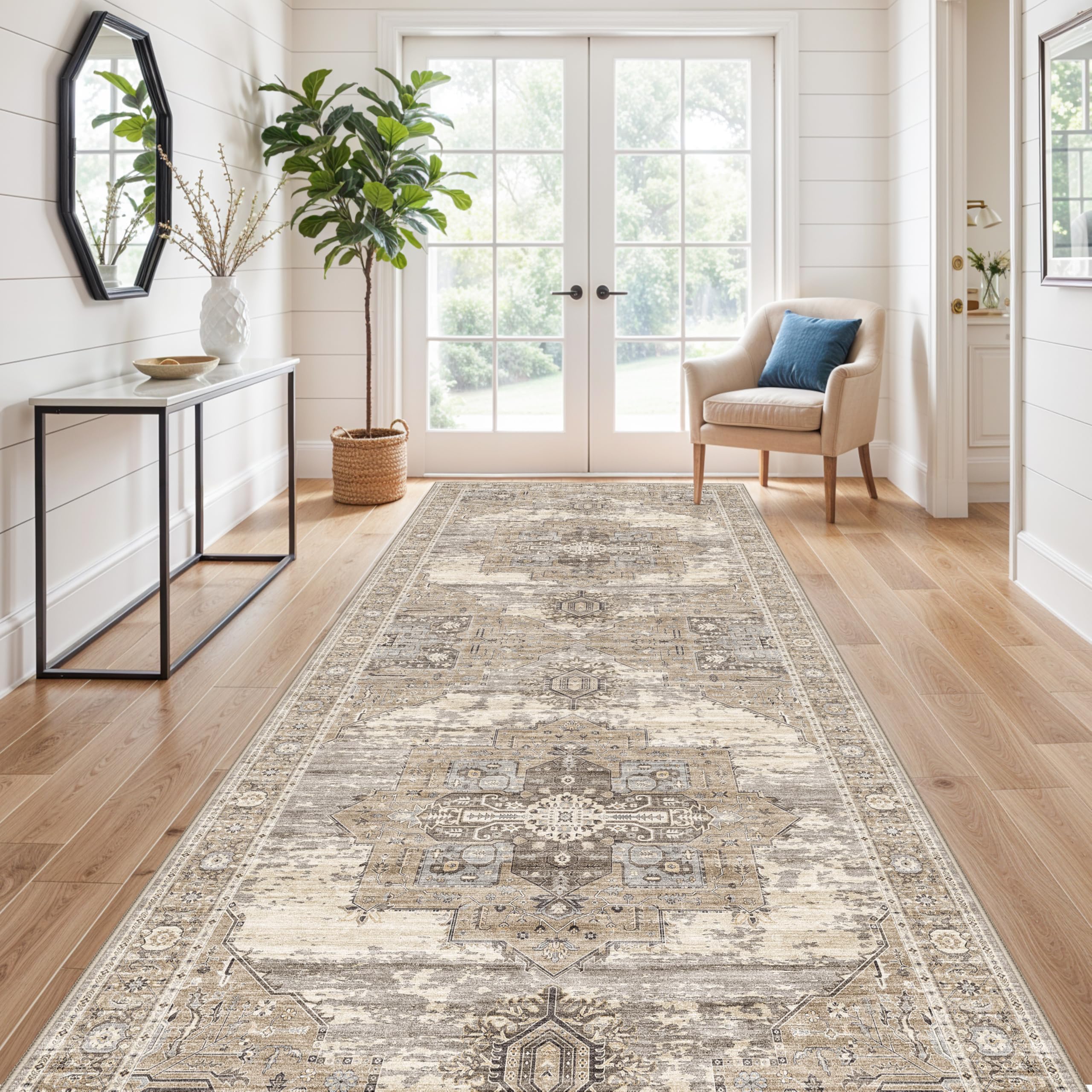 4x12 Runner Rug Wide Hallway - Washable Long Runners for Entryway Bedroom Kitchen Soft Stain Resistant Carpet Vintage Ultra-Thin Rugs with Non Slip Backing Home Decor Desiged for RV Living 4x12 Beige Image