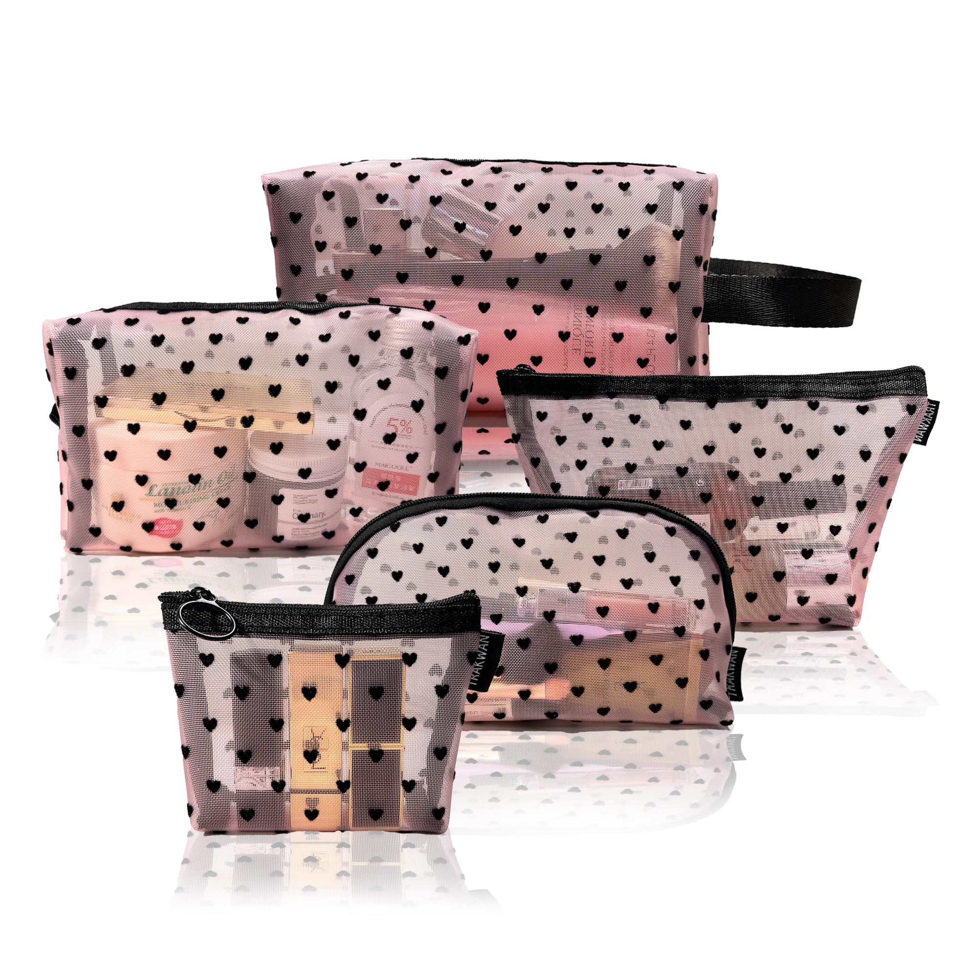 Photo 1 of 5 Pieces Mesh Heart Makeup Bags Sets, Zipper Mesh Cosmetic Bag Toiletry Bag, Travel Makeup Bags for Women, Small Items Storage Organizer Bags for Home Office Travel (Pink)