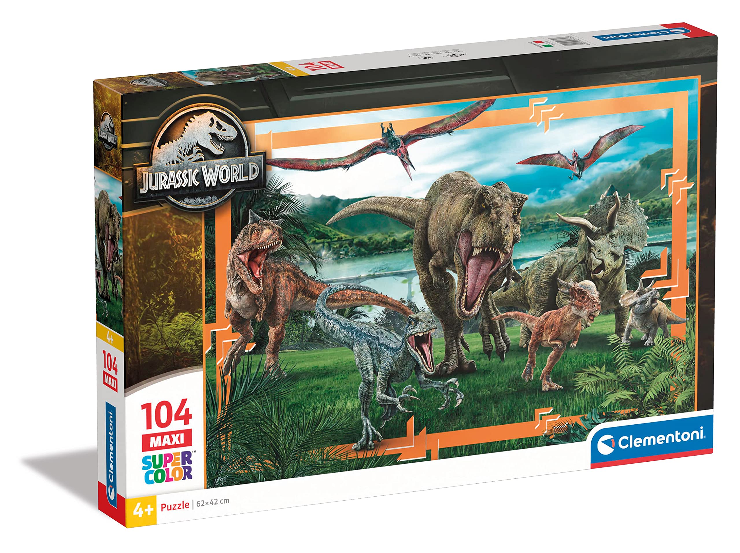 Clementoni - 23770 - Supercolor Puzzle - Jurassic World - 104 Maxi Pieces, Jigsaw Puzzle For Kids Age 4, Puzzle Cartoon, Made In Italy
