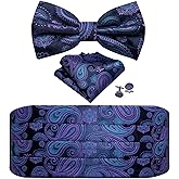 YOHOWA Men Cummerbund Bow Tie Set Silk Paisley Formal Pre-Tied Bowtie Pocket Square Cufflinks Wedding Party Prom