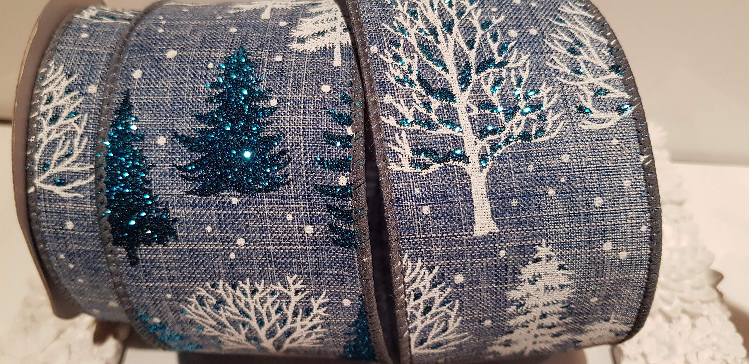 Ribbon Queen 2.5" Wide Wire Edged Wired Christmas Burlap Ribbon Blue Grey Collection Tinsel Bows Cakes Trim (Blue Grey Burlap linen with White and Peacock Teal Glitter Trees - divine!, 4.5m)
