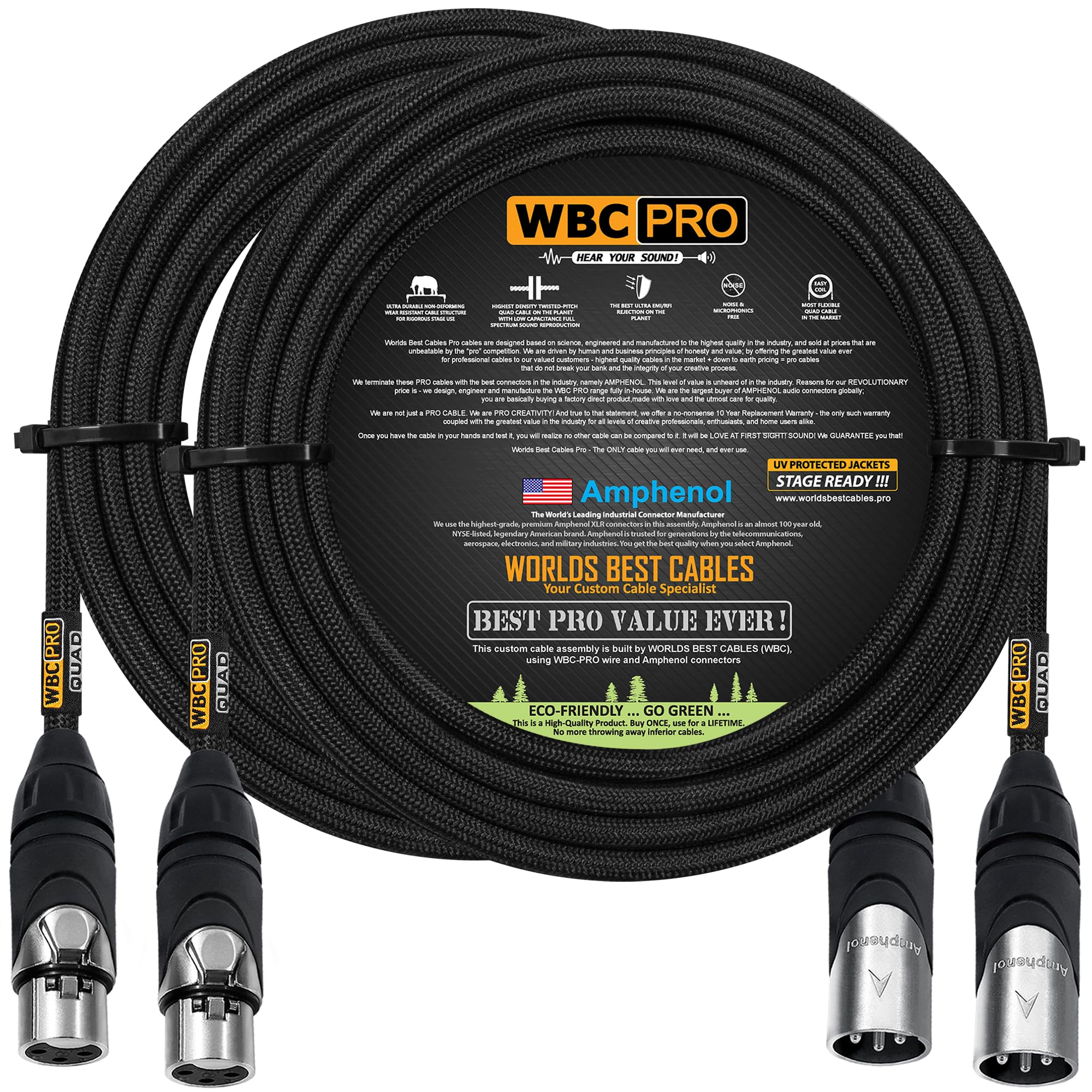 WORLDS BEST CABLES 2 Units - 6 Meter - WBC-PRO-QUAD Ultra-Silent Ultra-Flexible Balanced Star-Quad Cable with Amphenol Male & Female XLR Plugs & Black Tweed Jacket