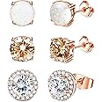 Jstyle Stud Earrings for Women 18K White Gold Rose Plated CZ Halo Earrings Created Opal Earrings Set for Sensitive Ears with Gift Box