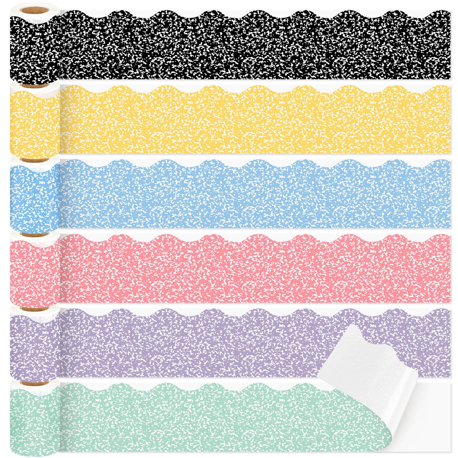 Photo 1 of Weekgrat 6 Rolls 196.8ft Colorful Composition Bulletin Board Border Composition Notebook Classroom Decoration Back to School Board Trim Bulletin Chalkboard Wall Decorations for Office School Wall