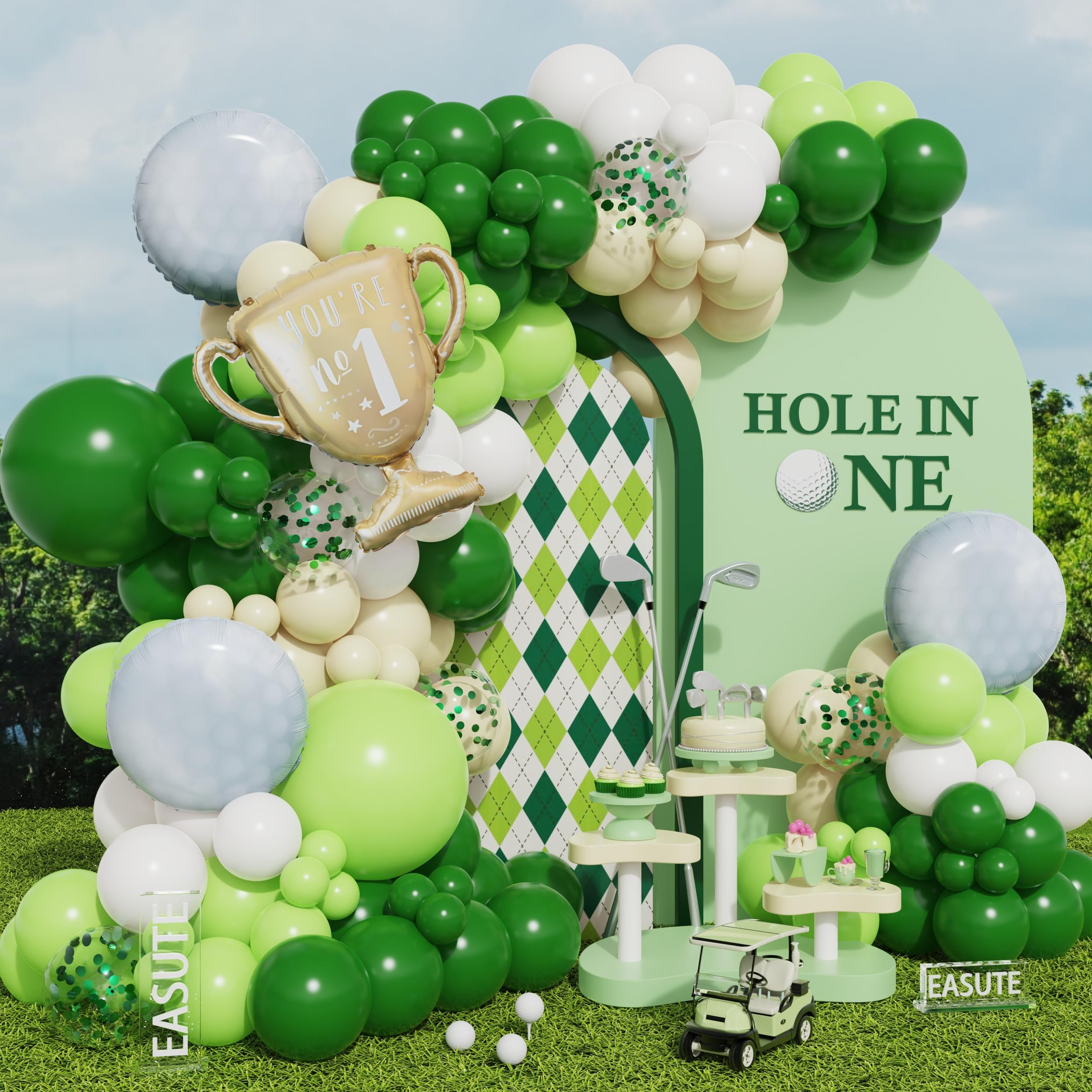 Photo 1 of ***MISSING PARTS*** Hole in One Golf Birthday Party Decorations, 135PCS Balloon Garland Arch Kit Golf First Birthday Decorations Green White Latex Balloons with Golf Ball Foil Balloons for 1st Golf Themed Party