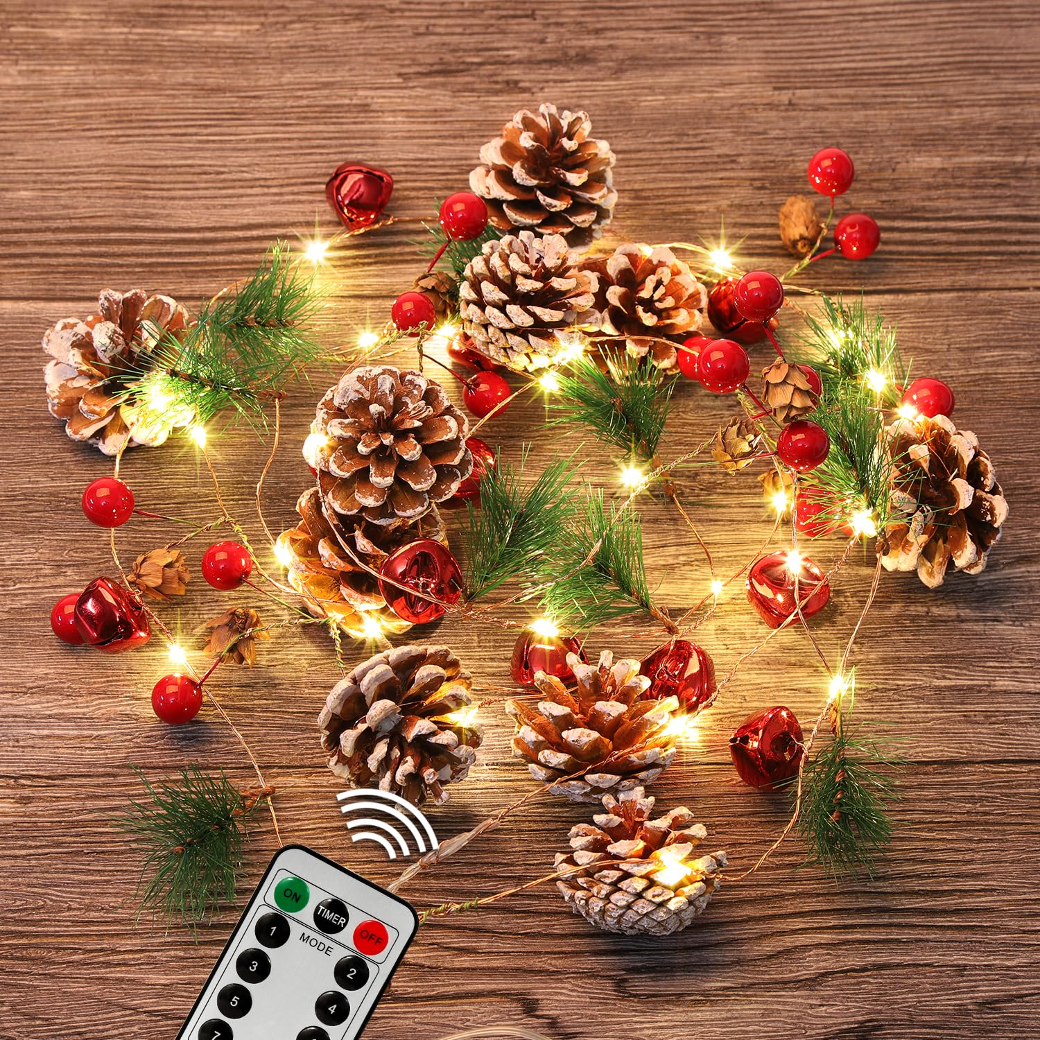 Photo 1 of 10FT Enchanting Christmas Garland with 30 LED Lights Battery Operated-Realistic Red Berries & Pine Cones Decor for Tree,Fireplace Mantel,Indoor Holiday Home Decor (10Ft)