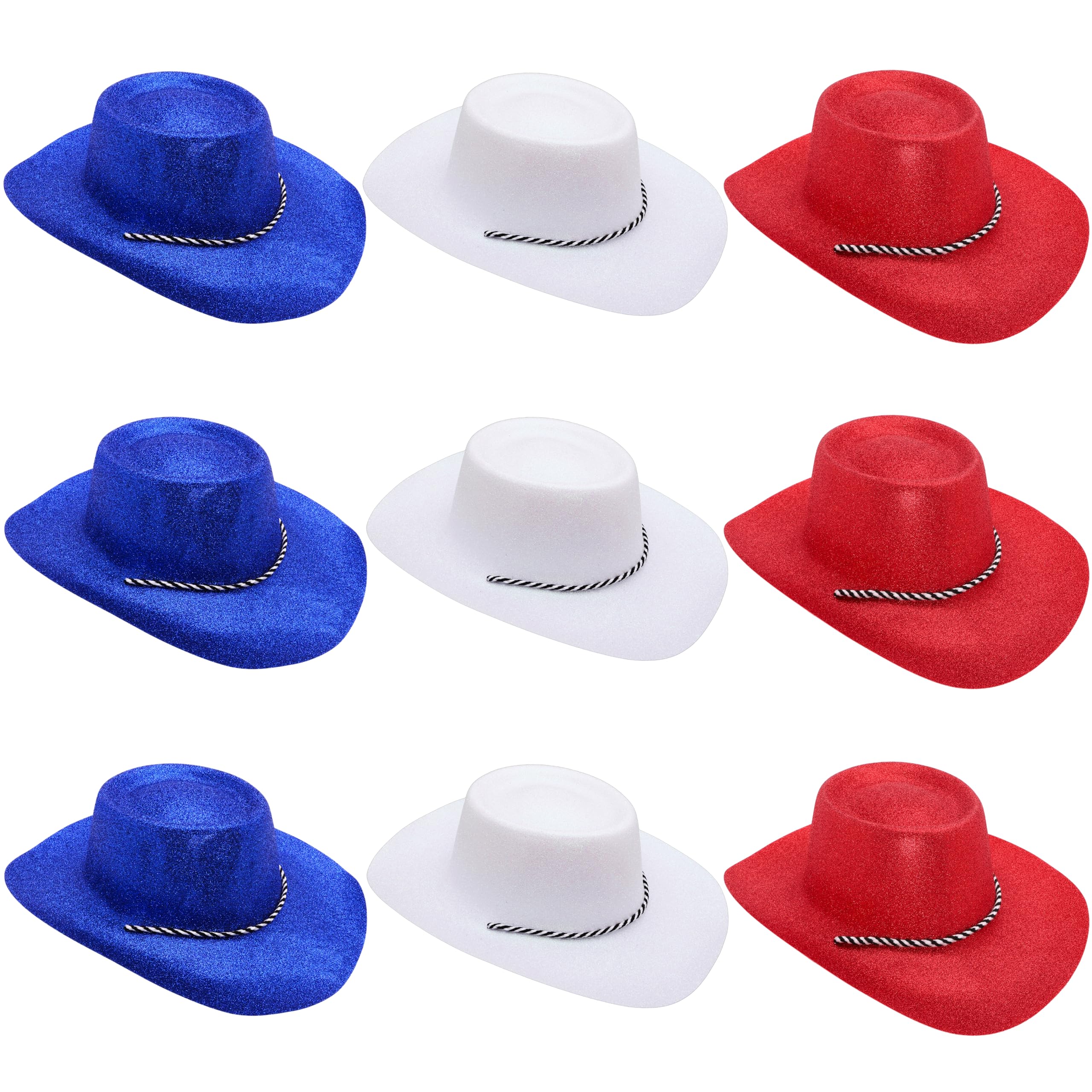 Toyland® Pack of 9 Glitter Cowboy Hats - 3 Red, 3 White and 3 Blue - Size 34cm (13") - Perfect for Euros, World Cup & Olympics