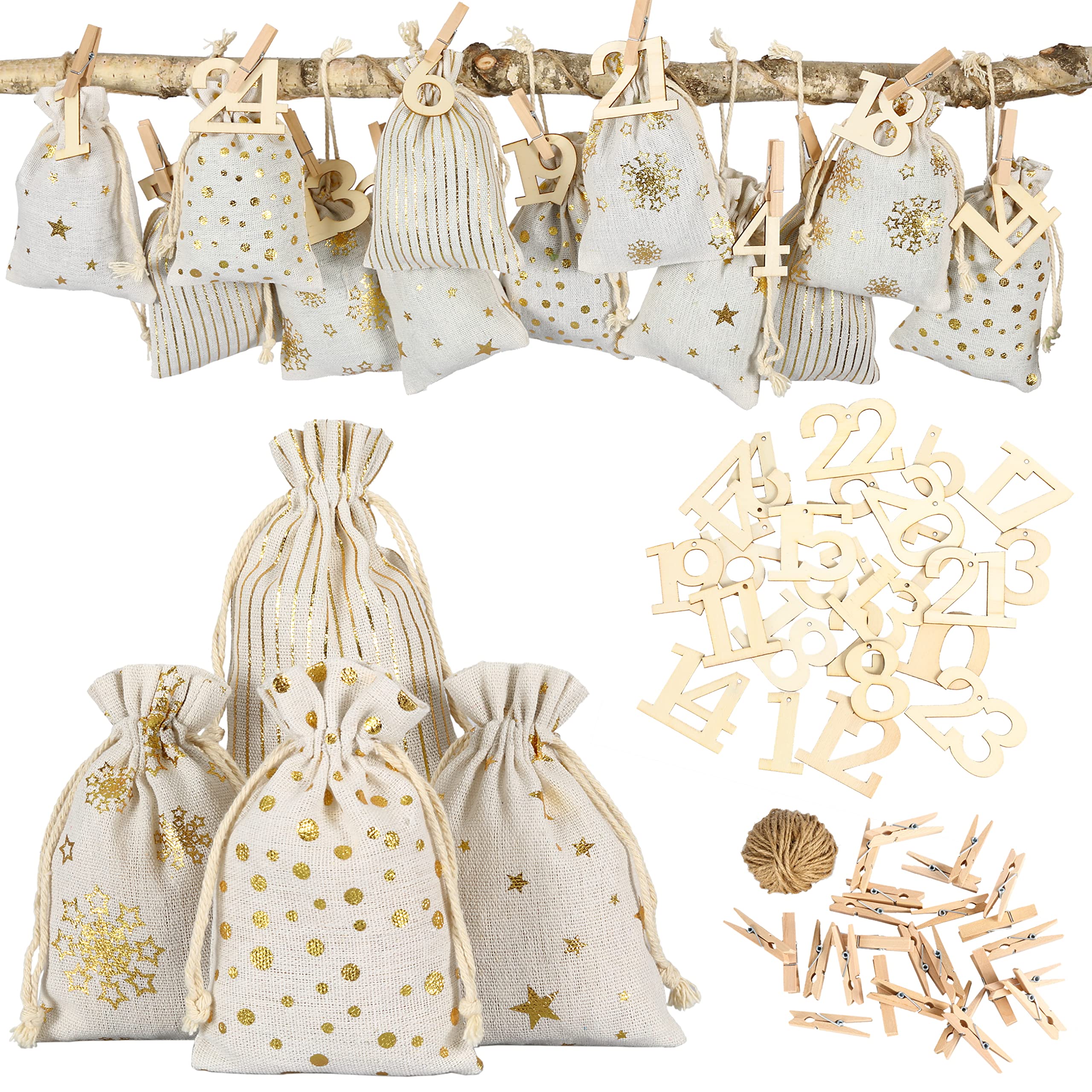 Papierdrachen Advent Calendar 2025 - Fabric Bags (24 Pieces) for Filling with XXL Wooden Numbers - Gold Printed Gift Bags for DIY Christmas