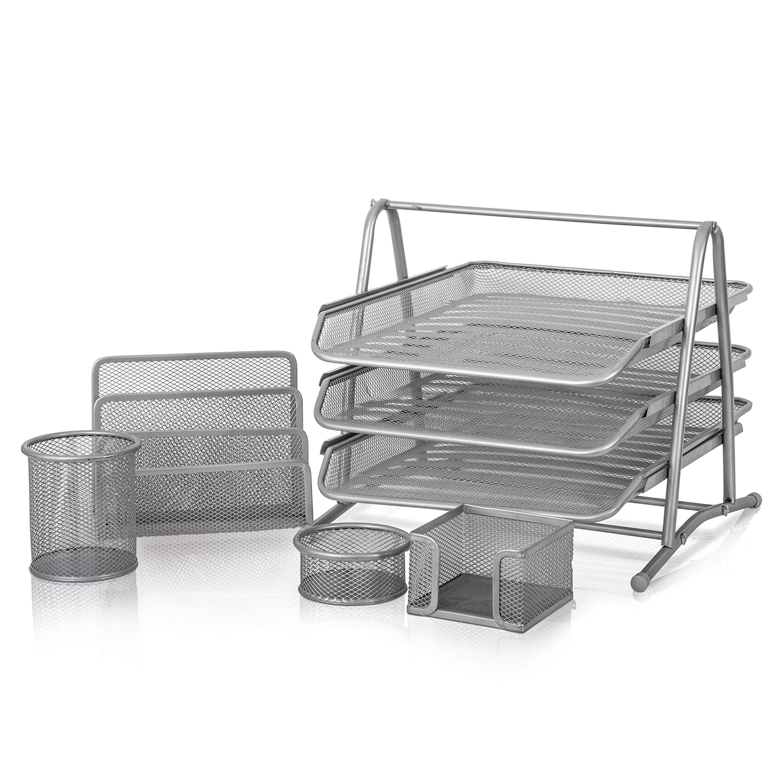 KAV Premium Mesh Office Set of 5 PCS - 3 Tier Paper Tray, Letter Rack, Pen Pot, Clips and Memo Pad Holder - Metal - Desk Organiser and Tidy Workspace - Silver