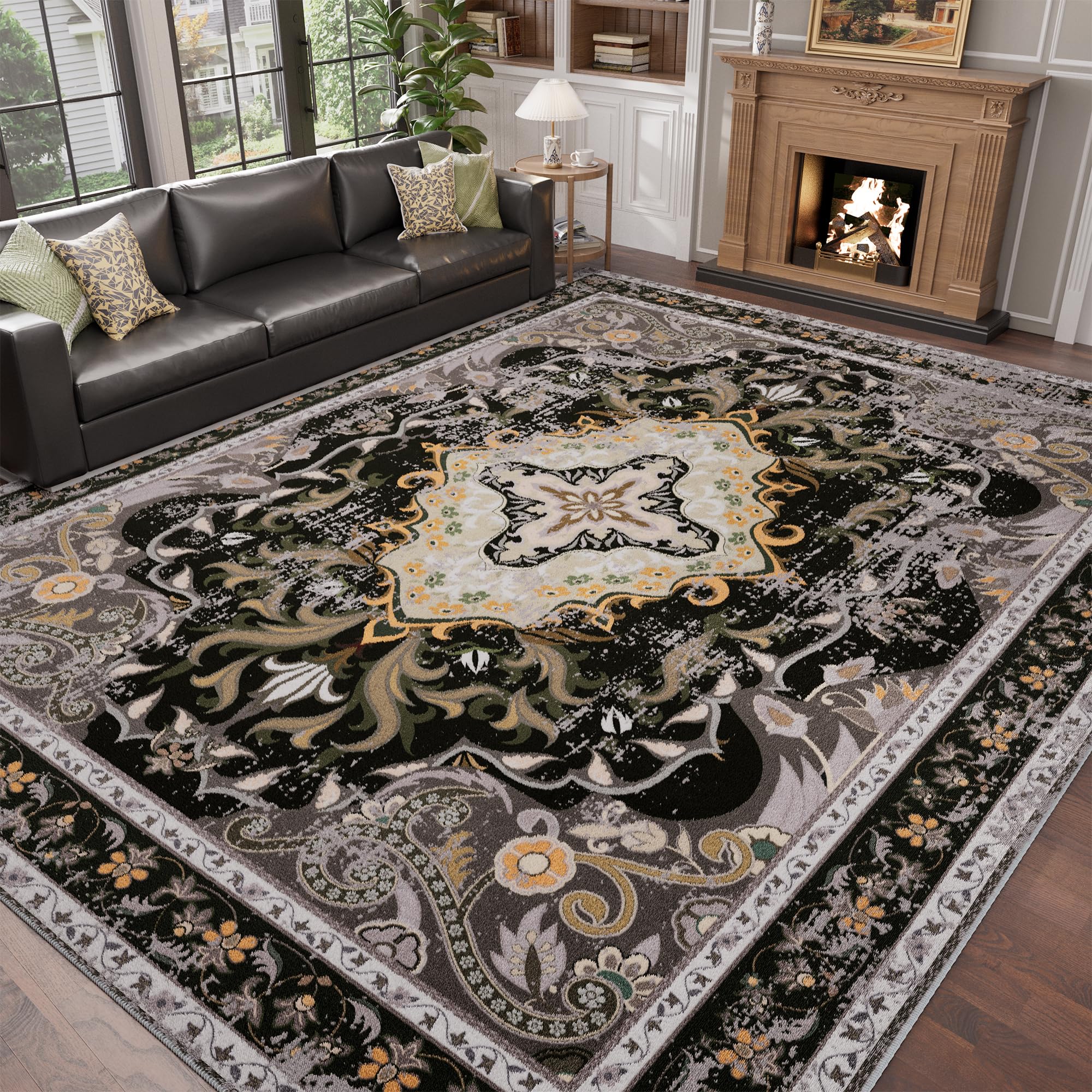 Photo 1 of RUSHUFFY 8x10 Washable Area Rugs for Living Room, Non-Slip Large Boho Vintage Retro Print Pattern Carpet for Bedroom Dorm Dining Room Farmhouse Nursery Home Office, Black & Gold