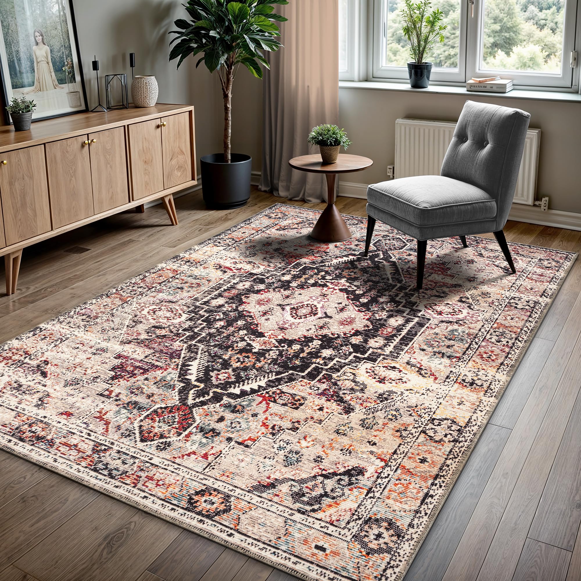 gln rugs vintage collection - machine washable area rug, vintage washable, non slip, low pile rug, l