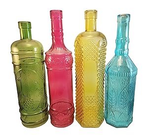 Colored Glass Bottles (Large Wine Bottle Size) - Decorative Vintage Bottles for Bottle Tree, the Garden, Suncatchers, or Flower Bud Vases. Set of 4