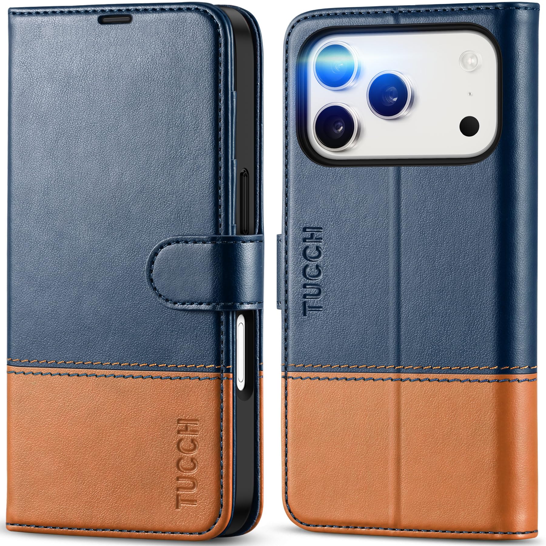 Photo 1 of TUCCH Wallet Case for iPhone 17 Pro (6.3") 2025, 4 Card Holders, RFID Blocking, Stand, Shockproof TPU Shell, PU Leather, Magnetic Closure, Protective Flip Folio Cover, Blue & Brown