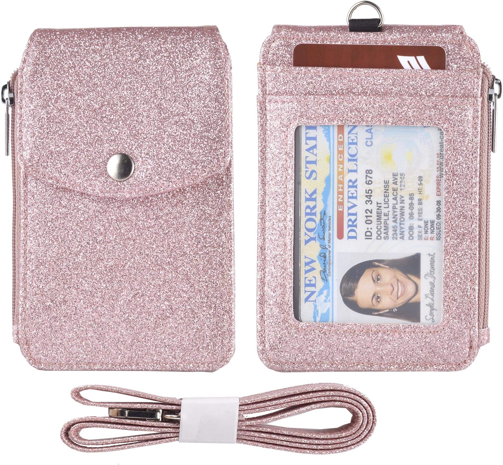 Woogwin Leather Badge Holder with Lanyard, ID Card Holder Wallet,1 Side Zipper Pocket, 4 Card Slots, 1 ID Window,1 Heavy Duty Leather Lanyard (Starrosegold)