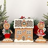 Lulu Home Christmas Tabletop Decorations, Resin Gingerbread House and 2 Gingerbread Men Figurines Adorn with Candy Cane Wreath for Indoor Holiday Fireplace Shelf Ornaments Display