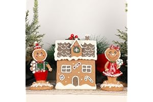 Lulu Home Christmas Tabletop Decorations, Resin Gingerbread House and 2 Gingerbread Men Figurines Adorn with Candy Cane Wreath for Indoor Holiday Fireplace Shelf Ornaments Display