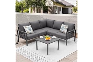 COMLAX FIELD Patio Furniture Set, 6 Pieces Outdoor Couch Sectional, L Shaped Patio Sofa, Metal Patio Couch Sectional with Side Table, Outdoor Seating Conversation Set, Grey