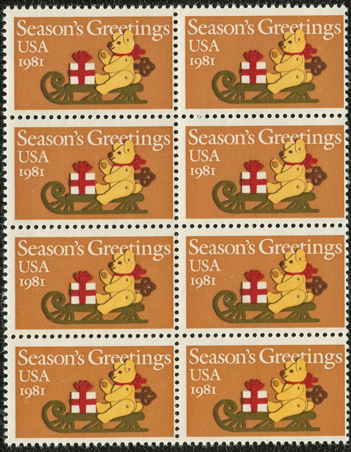 CHRISTMAS CARD STAMPS STICKERS TOY TEDDY BEAR ON SLED