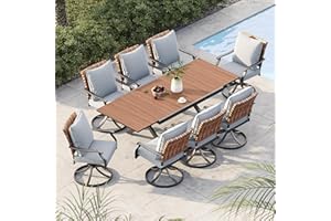 Grand patio 9-Piece Outdoor Dining Set, 8 Leather-Look Wicker Swivel Patio Chairs & 1 Extendable Rectangular Dining Table, Brown