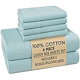 Casa Platino Queen Sheets Sets – 100% Cotton Queen Sheets Cooling with 4 Pillowcases, 15" Deep Pocket Fitted Sheet, Crisp & Smooth Feel, Ultra Soft & Cozy, Fit – Blue Sky