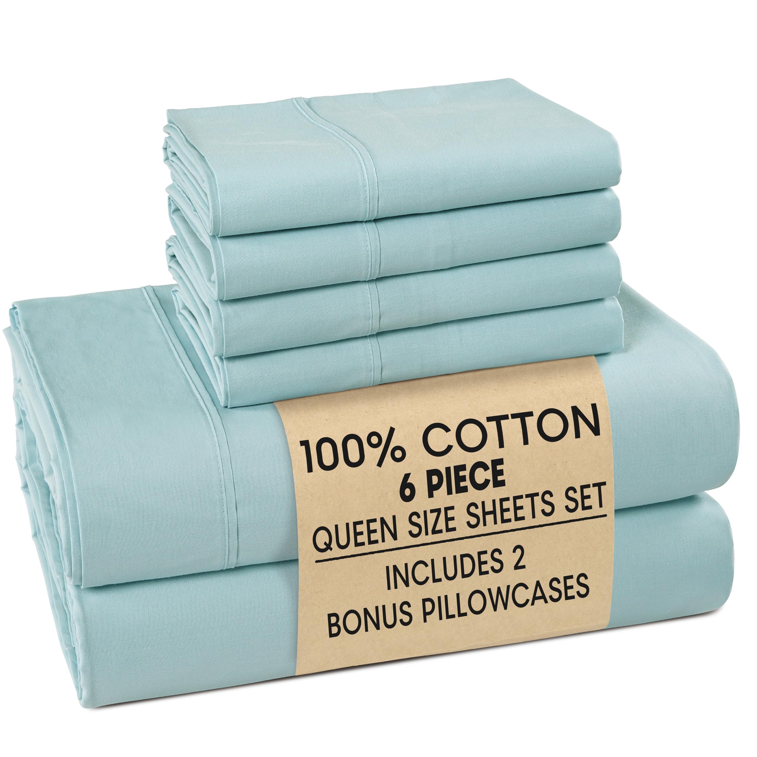 Casa Platino Queen Sheets Sets – 100% Cotton Queen Sheets Cooling with 4 Pillowcases, 15" Deep Pocket Fitted Sheet, Crisp & Smooth Feel, Ultra Soft & Cozy, Fit – Blue Sky