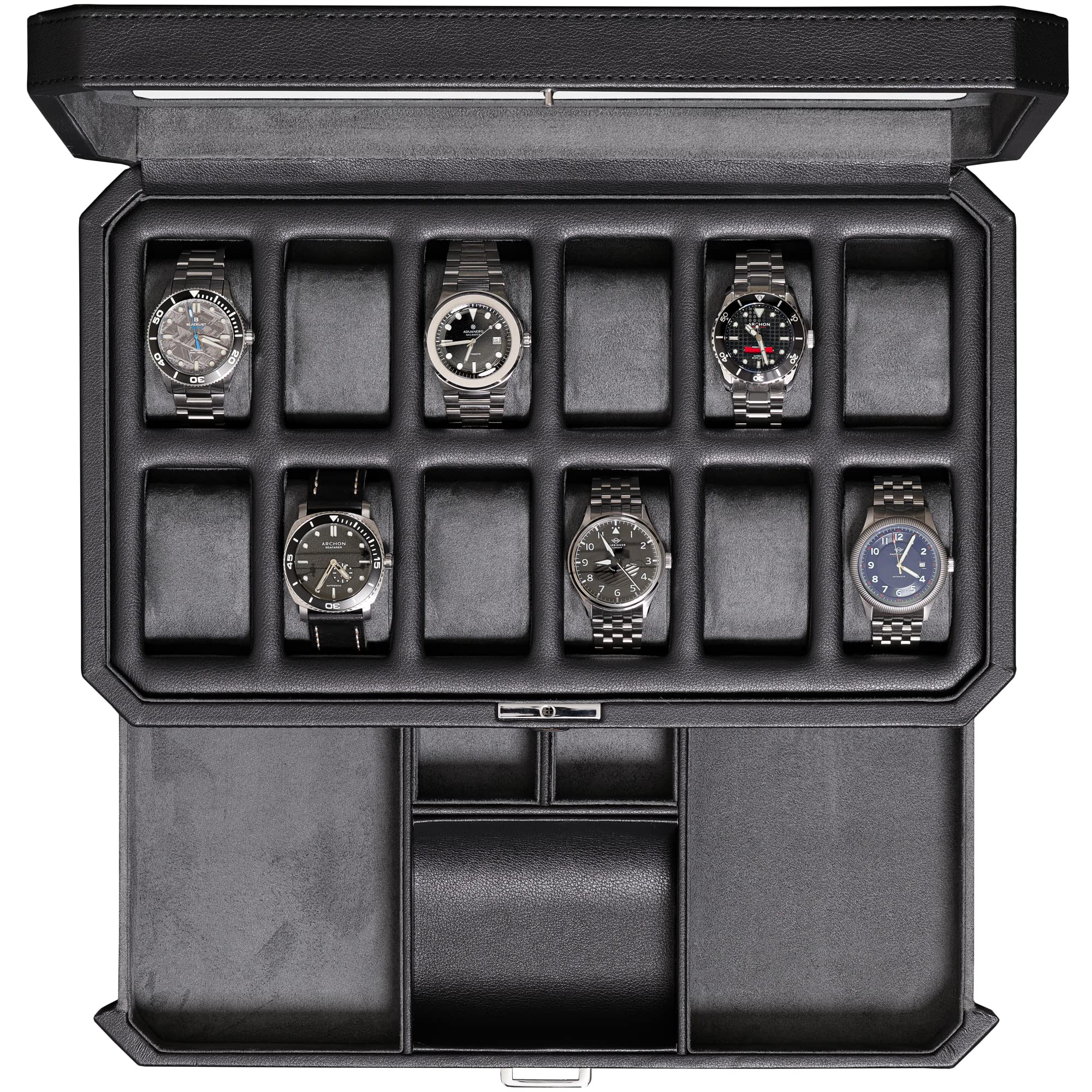 Photo 1 of ROTHWELL 12 Slot Leather Watch Box with Valet Drawer - Luxury Watch and Jewelry Case Display Organizer, Microsuede liner, Mens Locking Storage Holder Large Glass Top (Black/Grey)