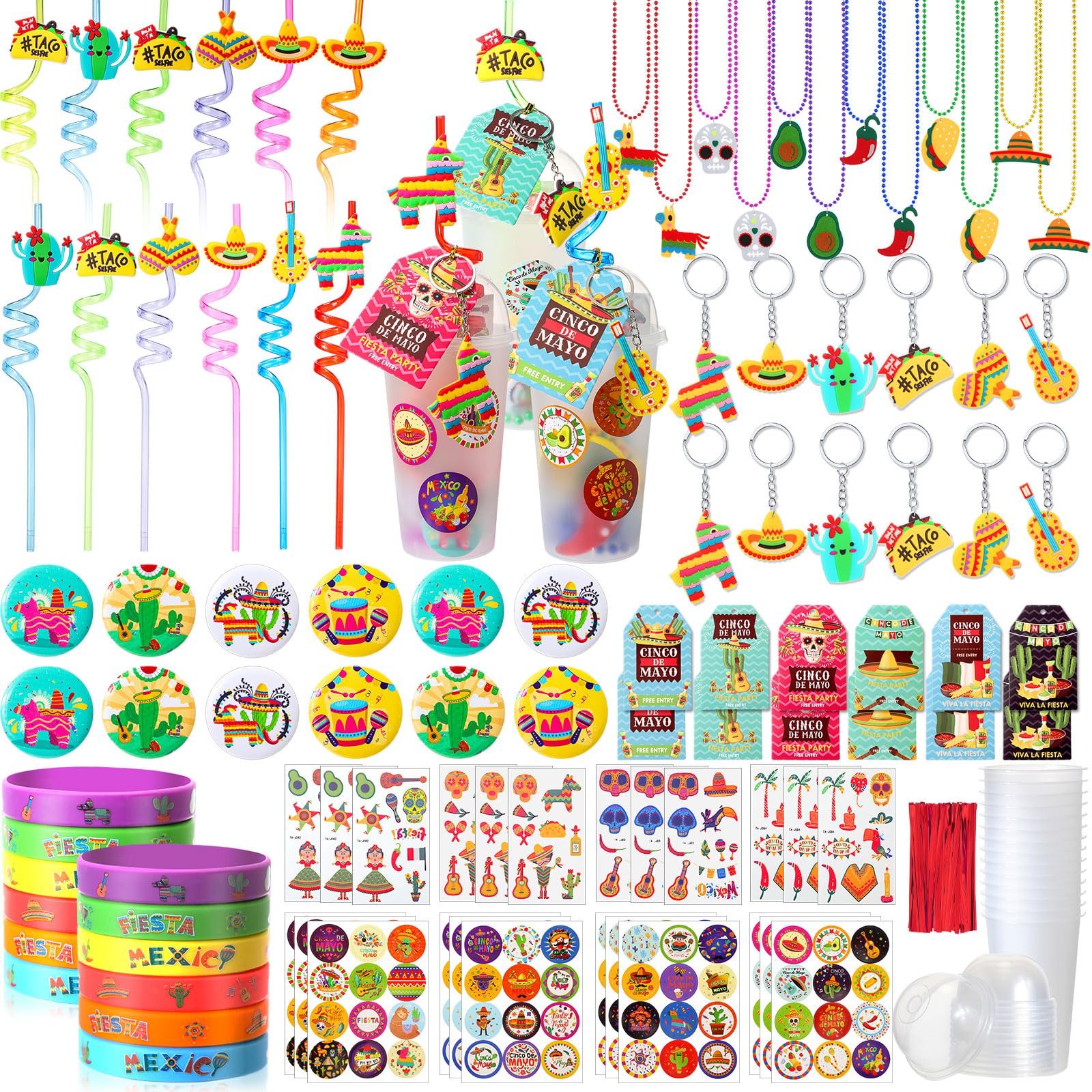 Photo 1 of Glenmal 241 Pcs Fiesta Party Favors Mexican Party Favors Gift Cups Straws Necklace Beads Wristband Tattoo Stickers Keychains Badges Stickers Greeting Tag for Fiesta Cinco De Mayo Mexican Decorations