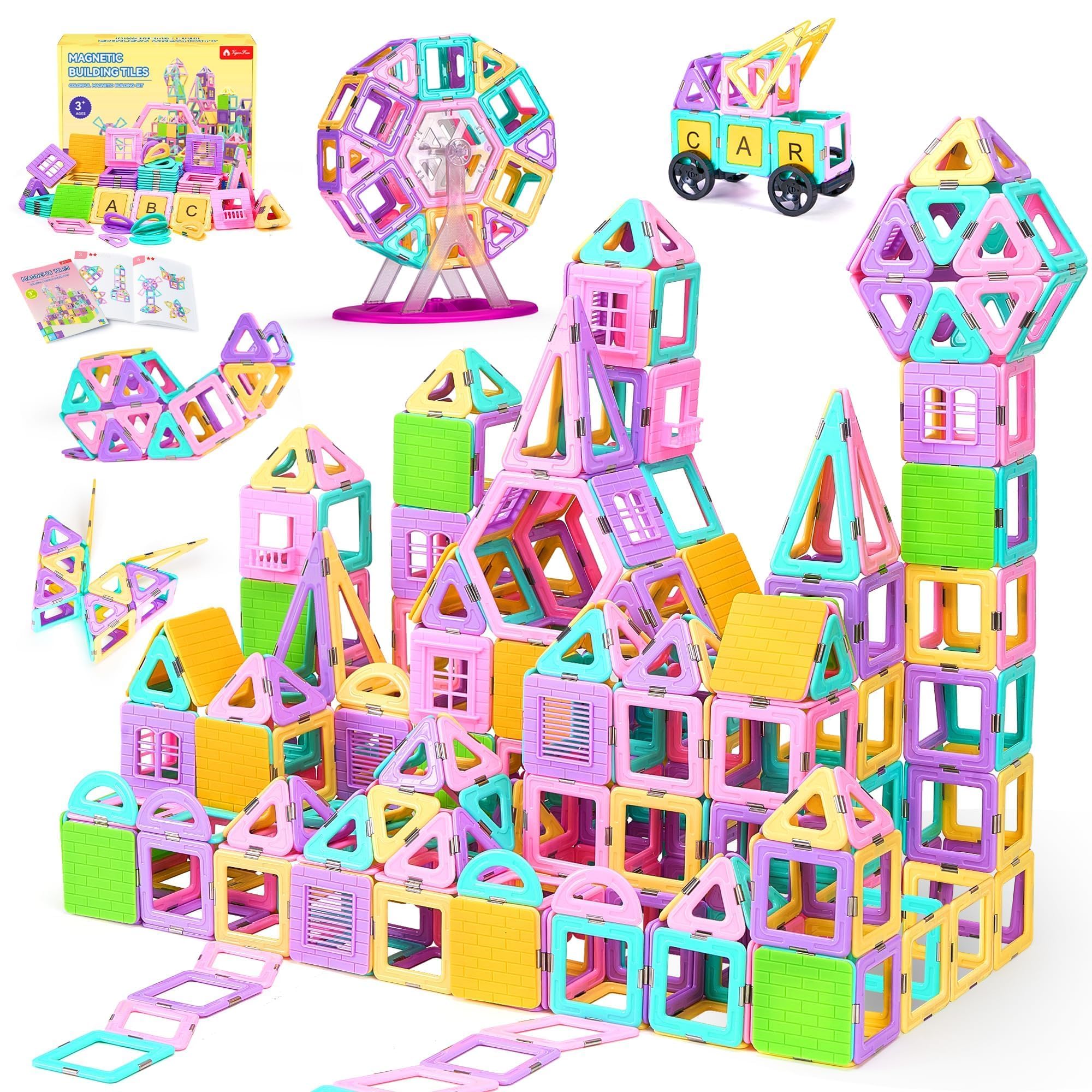 Photo 1 of 165 PCS Magnetic Tiles Set, Magnet Building Blocks Set with Car, Alphabet Card, and Ferris Wheel for Kids, STEM Educational Montessori Toy for 3 4 5 6 7 8 + Year Old Boys Girls Toddlers Birthday Gifts