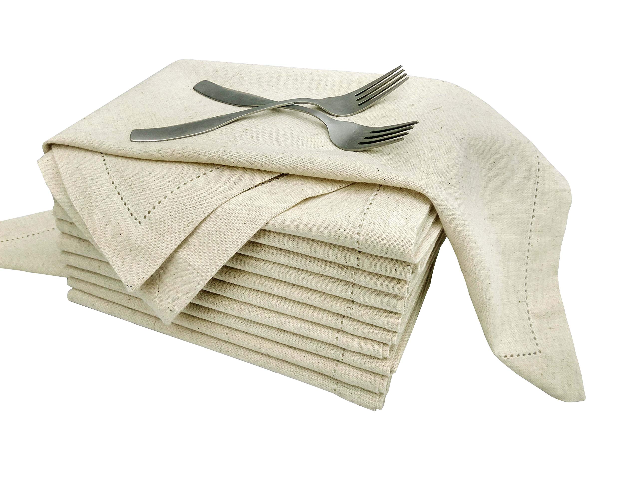 PACK of 12, Flax by Flax(70% COTTON,30% LINEN) Premium Hemstitched Dinner Napkins 50 CM X 50 CM, Natural Color by Gfi Linen Clubs - 100% Natural Fiber With Rustic Linen Look.