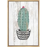 SIGNWIN Framed Canvas Print Wall Art Potted Green Cactus with Dark Spikes on Wood Background Floral Plants Drawings Folk Art Chic Whimsical Pastel for Living Room, Bedroom, Office - 16