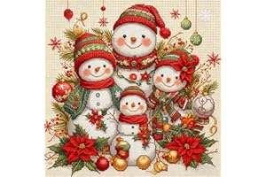 Zhenqing Christmas Snowman Cross Stitch Kit – 11CT 9.45x9.45 Inch Aida Cloth with 7 Snowmen, Holly & Roses – Festive Embroidery Set for Holiday Home Decor(67158)