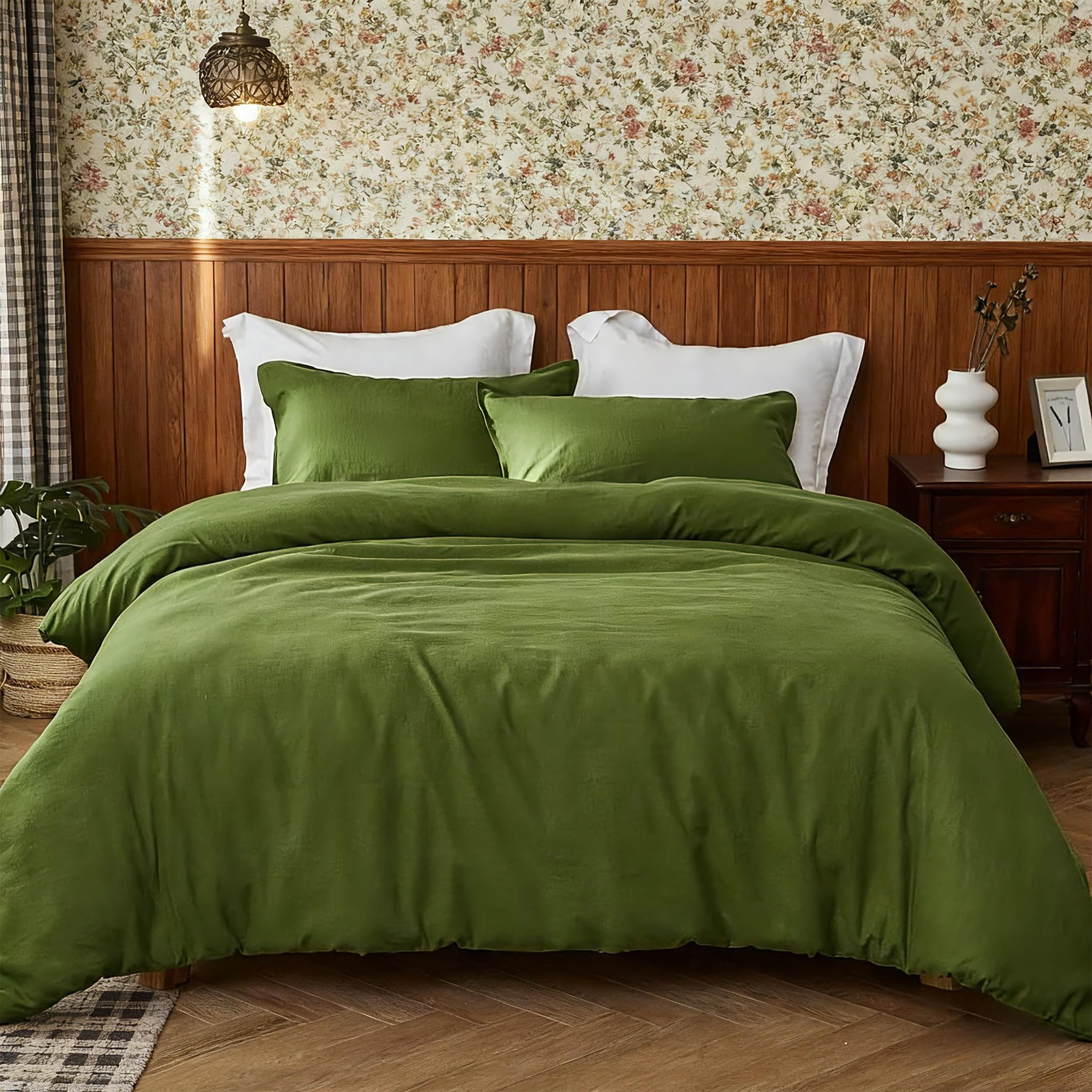Simple&Opulence Linen Duvet Cover King,Natural Linen Cotton Duvet Cover with Pillowcase,King Size Bedding Set,Soft Warm Breathable Bed Quilt Cover with Button Closure,230x220cm,Forest Green — image 1