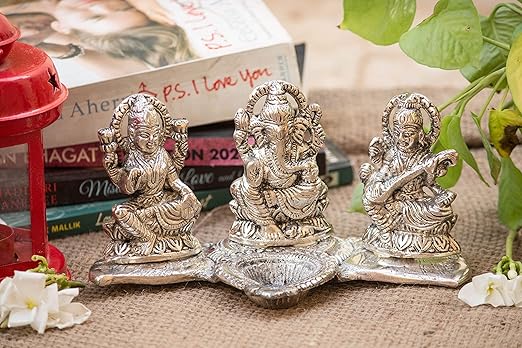 Articia Metal Lord Laxmi Ganesh Saraswati Idol Statue with Diya Decoration Pooja Showpiece (8X4 inch, Silver)