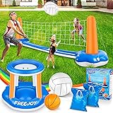 120'' Pool Volleyball Net & Basketball Hoop Set, 2 Balls Included for Teens and Adults Kids Swimming Pool Game Toys, Floating