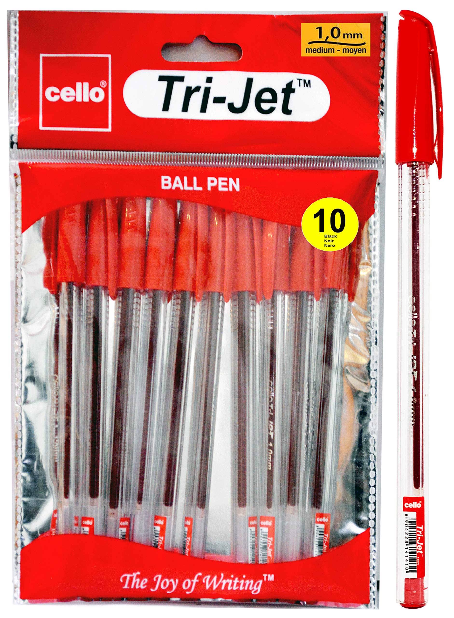 Cello Tri-Jet Red Ballpoint Pens Extra Grip Medium Point Biros (1.0 mm) - Red Pens, Pack Of 10,