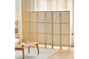 Leesinwing 6 Panels Room Dividers, Hand-Woven Rattan Room Divider and Folding Privacy Screens, Wood Room Divider Wall Freestanding Room Partitions Screen for Home Office Bedroom, White