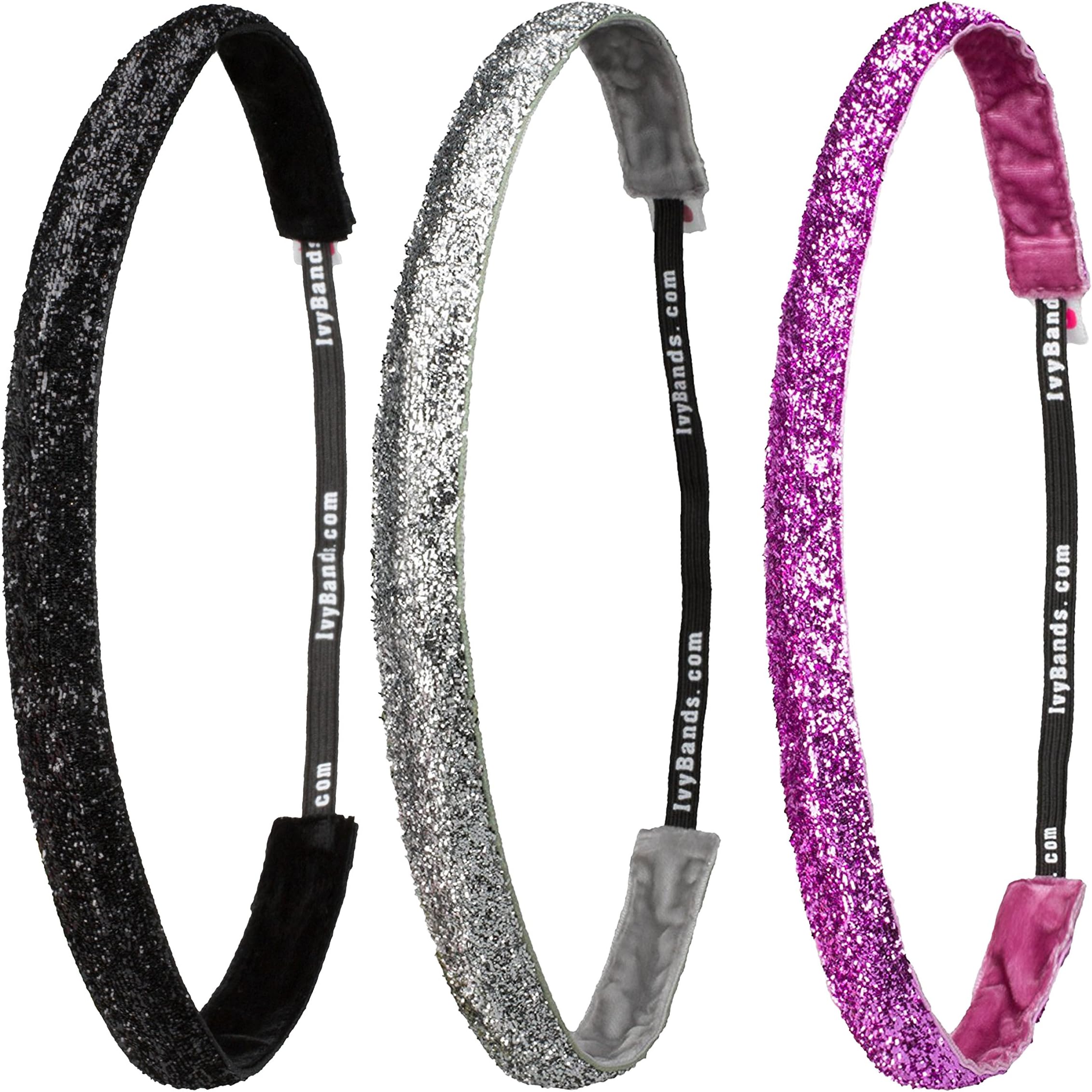 Ivybands – The non-slip Head Band | 3 Pack | Glitter World Edition I | 2017 Black Grey Silver Pink Glitter (0.63 Inch Wide) IVY753 IVY760 IVY762